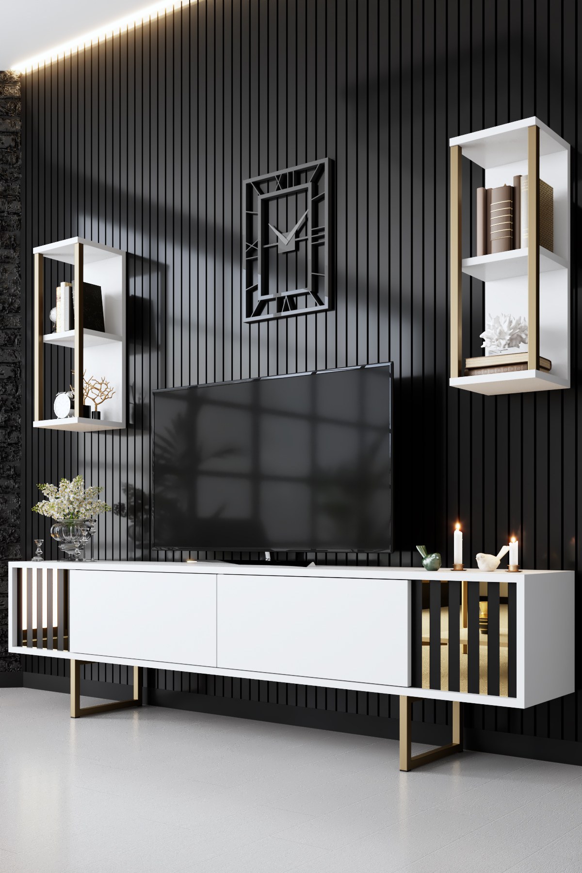 Homtex TV-Element Weiß/Schwarz, Melaminbeschichtete Spanplatte/Metall