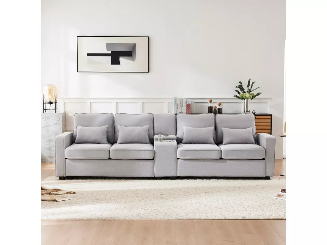 Canapé 4 places en tissu lin - avec 4 oreillers 2 ports USB et porte-gobelets - poches d'accoudoir - 290x83x88cm, Gris