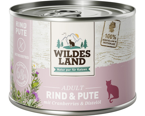 WILDES LAND natvoer voor katten, rund en kalkoen met veenbessen en waardevolle superfoods, graanvrij, glutenvrij, 200 g