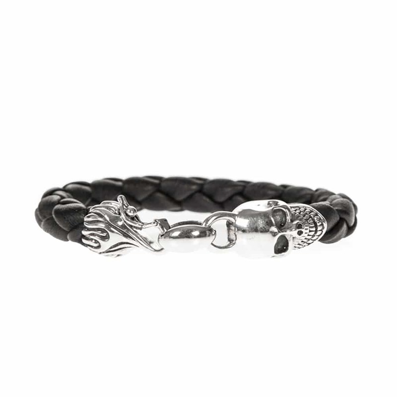 Bracelet Homme Cuir Tête De Mort Noir Et Argent