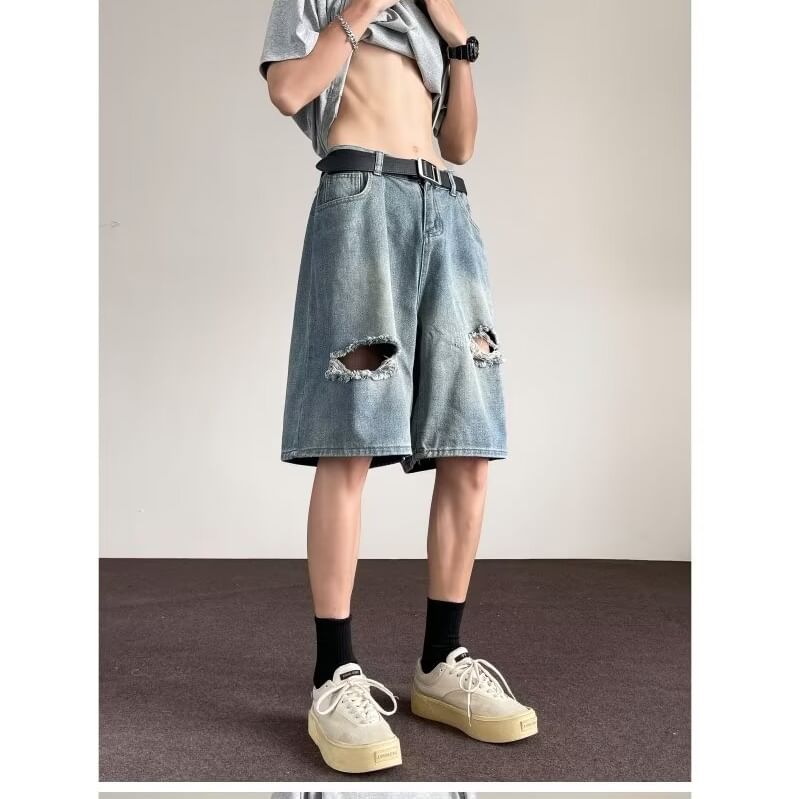 Kimeya - Mid Rise Washed Distressed Wide Leg Denim Shorts