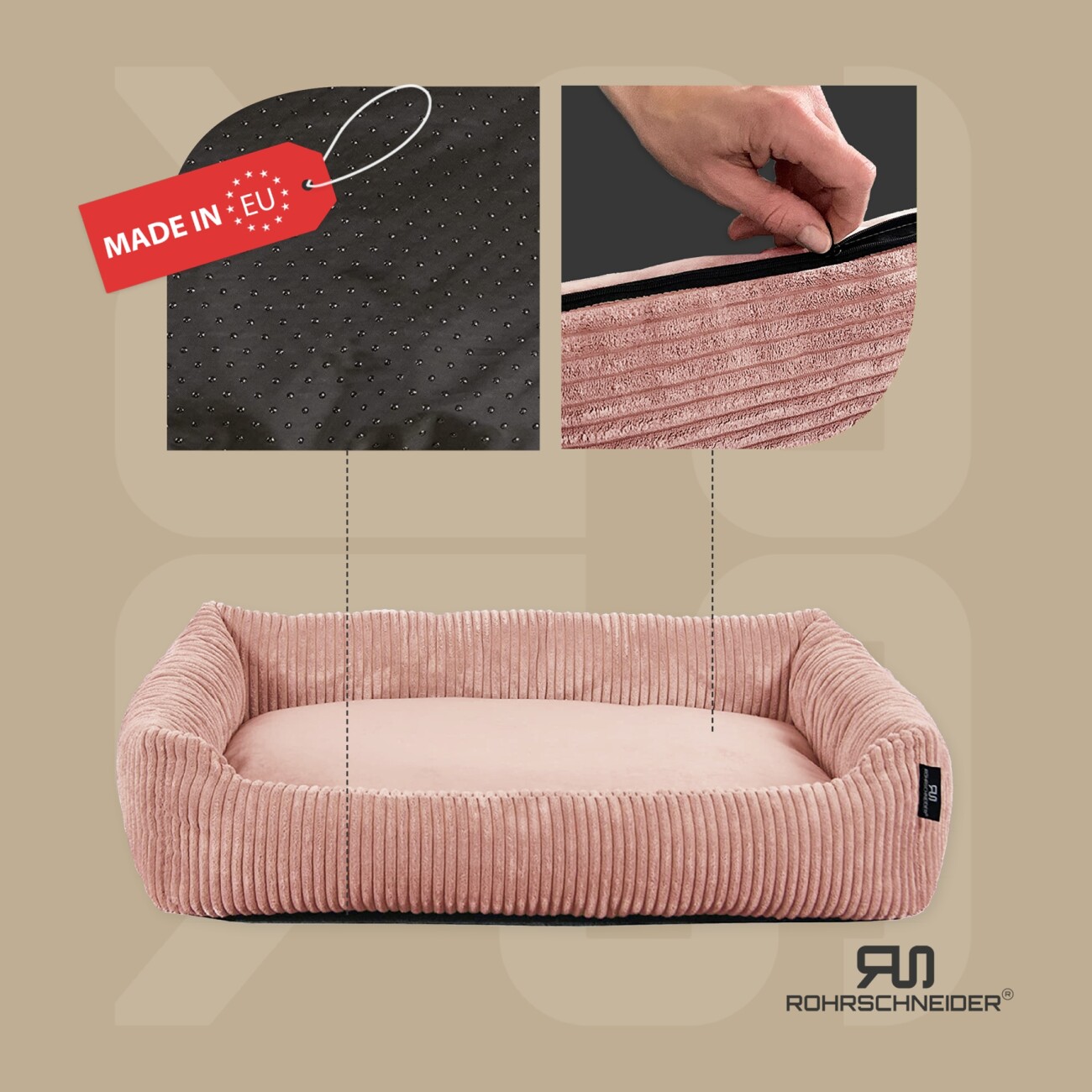Rohrschneider Hundebett waschbar, robuster Breit-Cordstoff mit Gratis-Beigabe