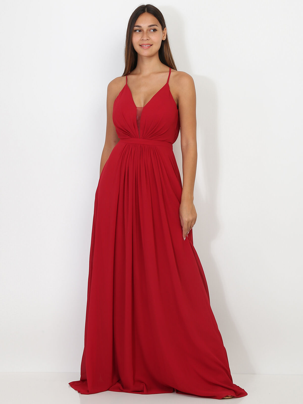 Robe longue drapée à bretelles- Cerise