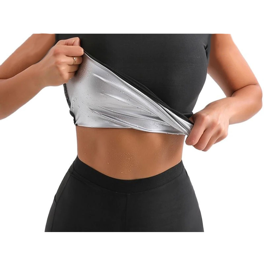 (Gr. L) Elastisches Thermo Sport Tanktop Ärmelloses Schwitz T-Shirt für Frauen - Schwarz