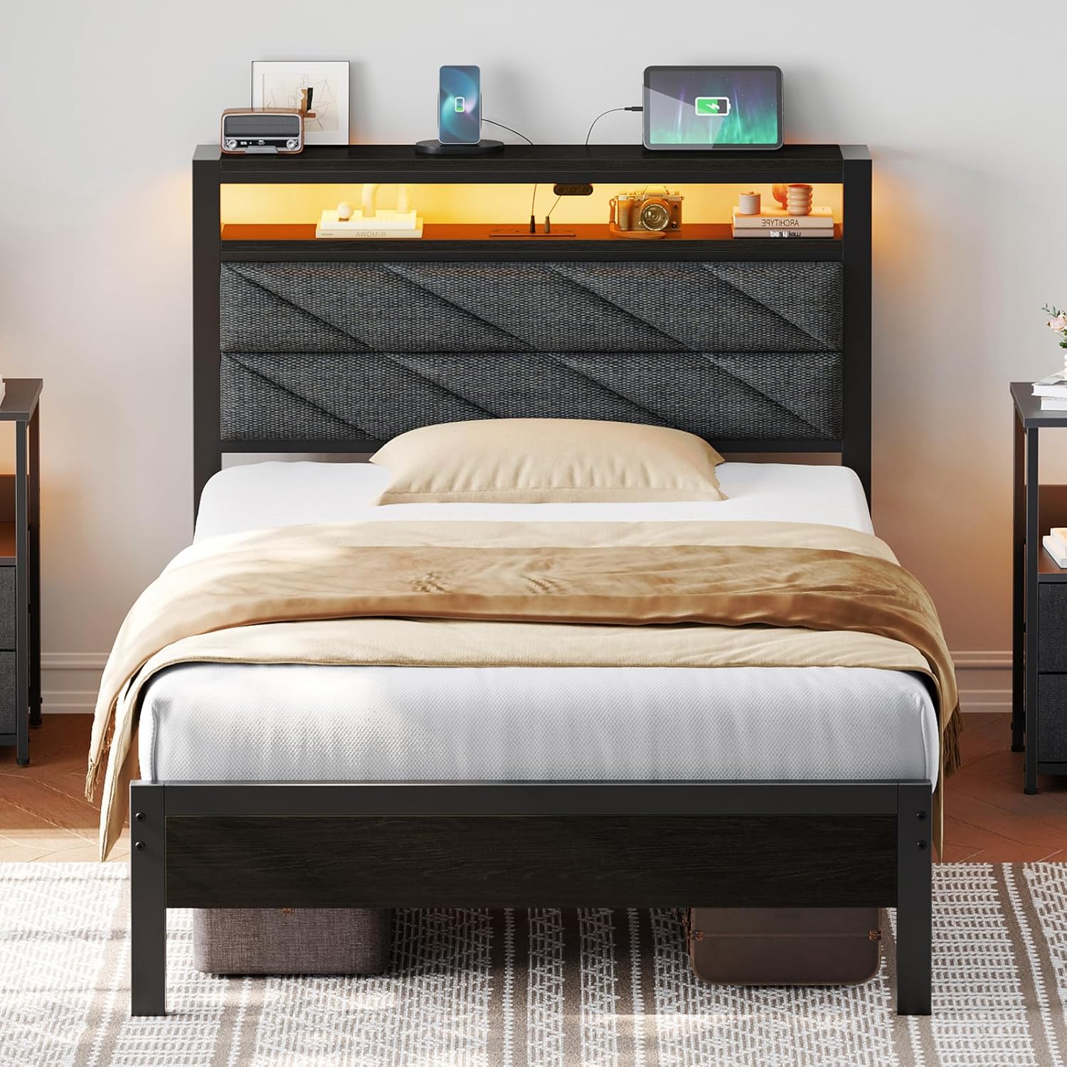Seventable Bett 90x200 mit LED, Ladestation (2 USB-Anschlüsse & 1 Typ-C-Anschluss), Metallbett mit Gepolstertem Kopfteil & Stauraum, perfekt für Kinderzimmer, Jugendzimmer WO9866301
