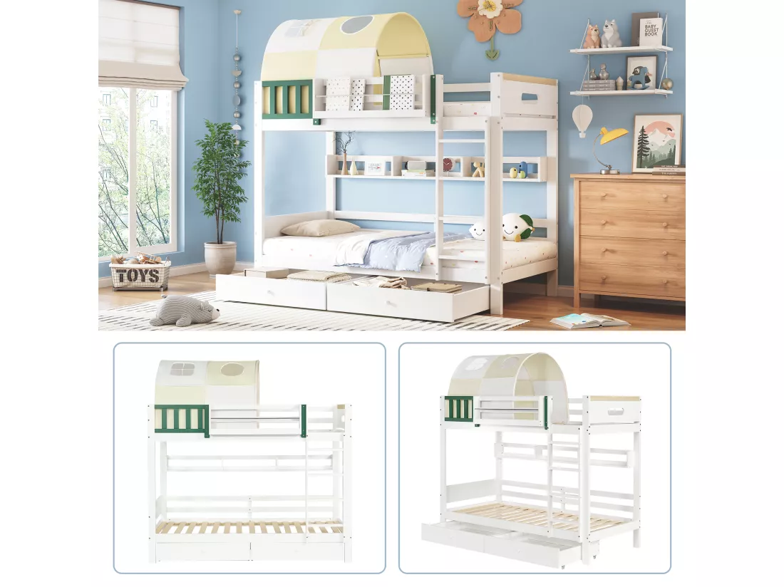 Lits superposés 2 x 90 x 200 cm avec 2 tiroirs, étagères de rangement et petite tente - Bois massif + MDF - Sommier à lattes - Blanc