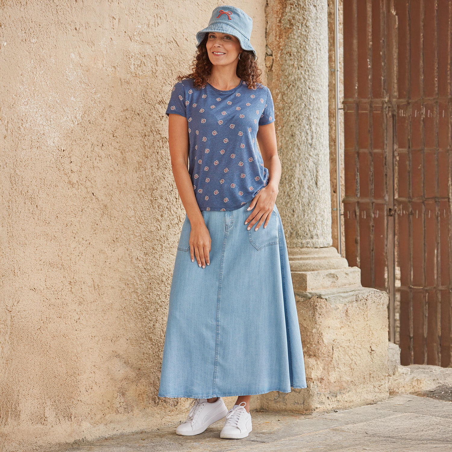 Jeans Fischerhut mit gestickter Schleife