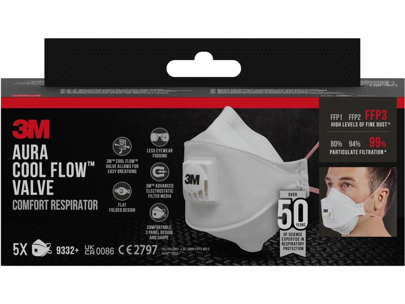 3M Atemschutzmaske Aura 9332  FFP3, 5 Stück Feinstaubmaske für Dämmstoffe und Hartholz, FFP3 - Faltmaske mit Ventil