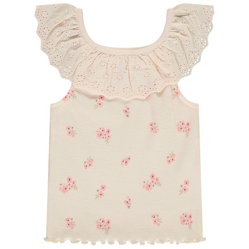 Débardeur maille côte avec broderie anglaise + imprimé fleuris pour bébé fille - Rose