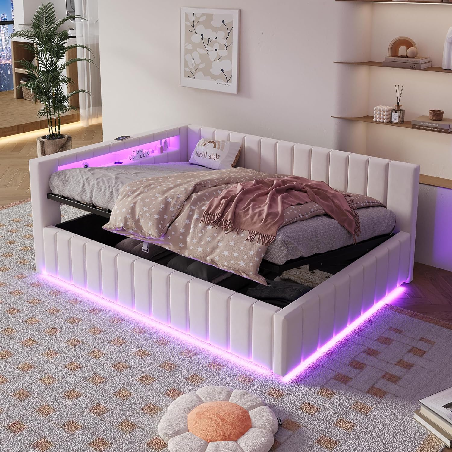 ANIROY L-förmige Schlafsofa 140x200cm, Samtstoff Polsterbett Daybett Sofabett mit LED und USB, Hydraulisches Stauraumbett, Doppelbett Bettgestell mit Lattenrost und Rückenlehne (Beige B)