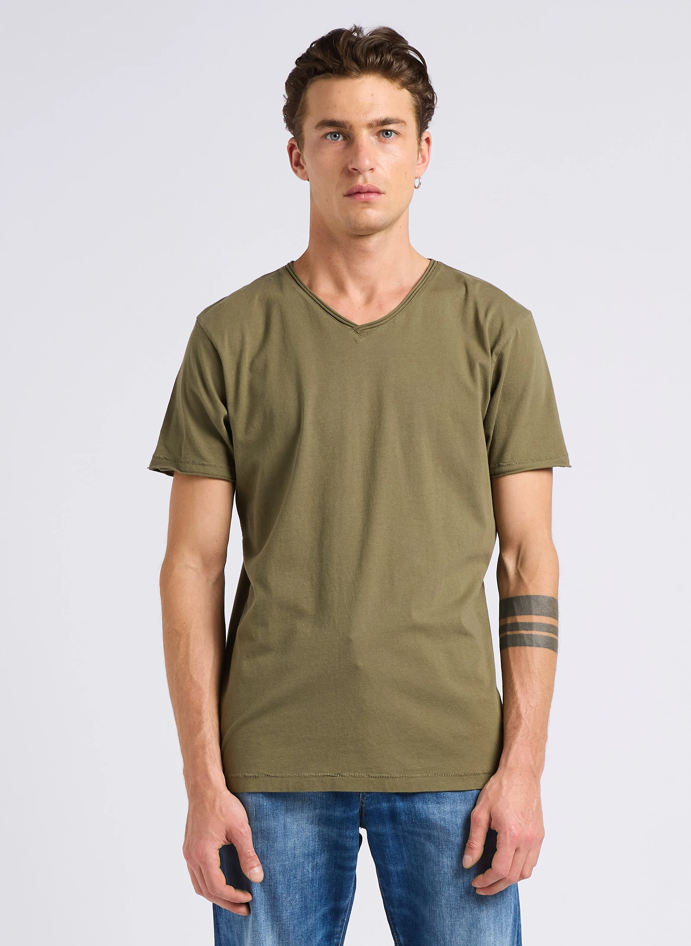 GRIBS - Tee-shirt droit à col V rouloté en coton | Vert