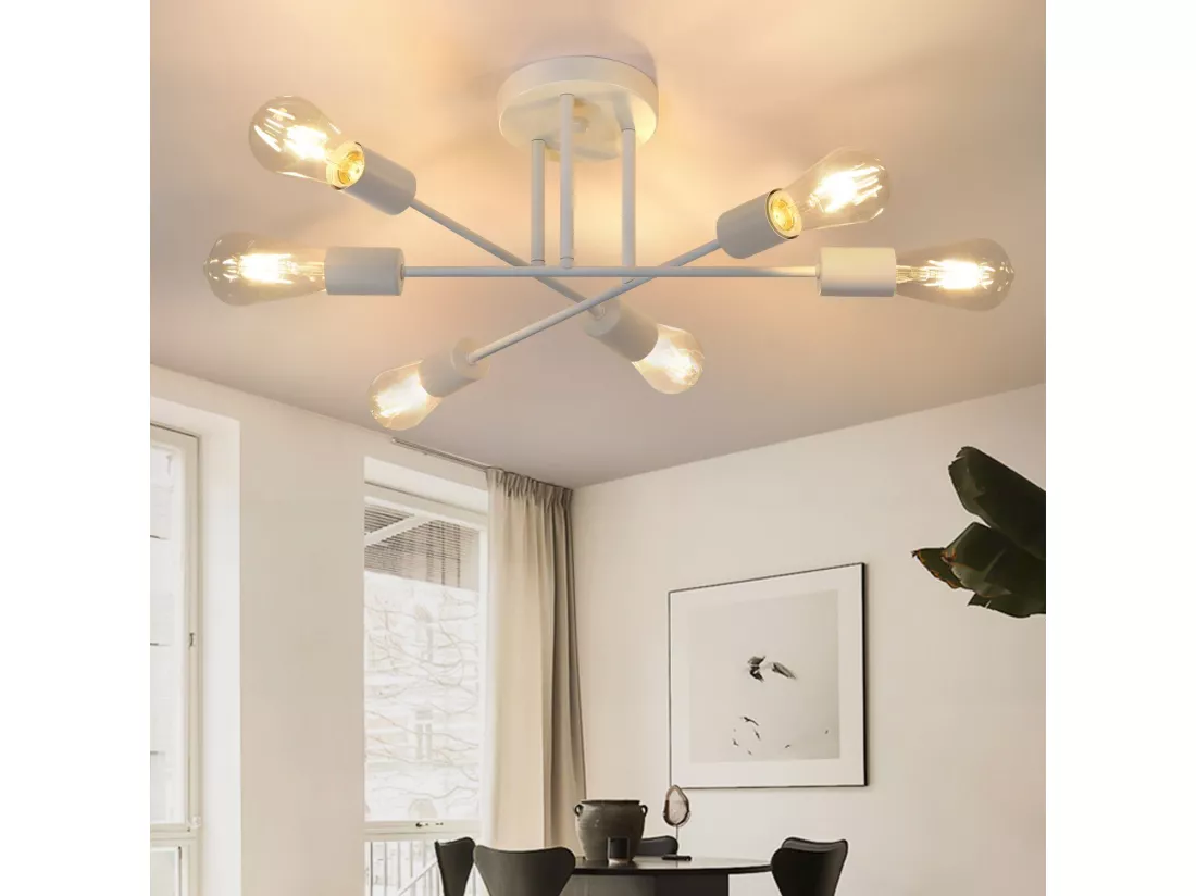 NETTLIFE Plafonnier E27 Lampe Rétro à 6 Lampes Lustre Blanc Luminaire Industriel Rustique Style Éclairage Salon, Max.25W