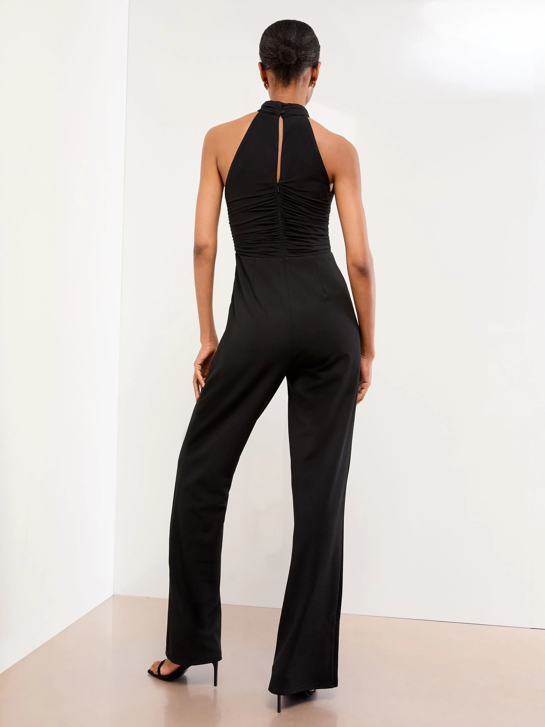 Lipsy Embellished Halter Neck Ruched Mesh Mix Jumpsuit