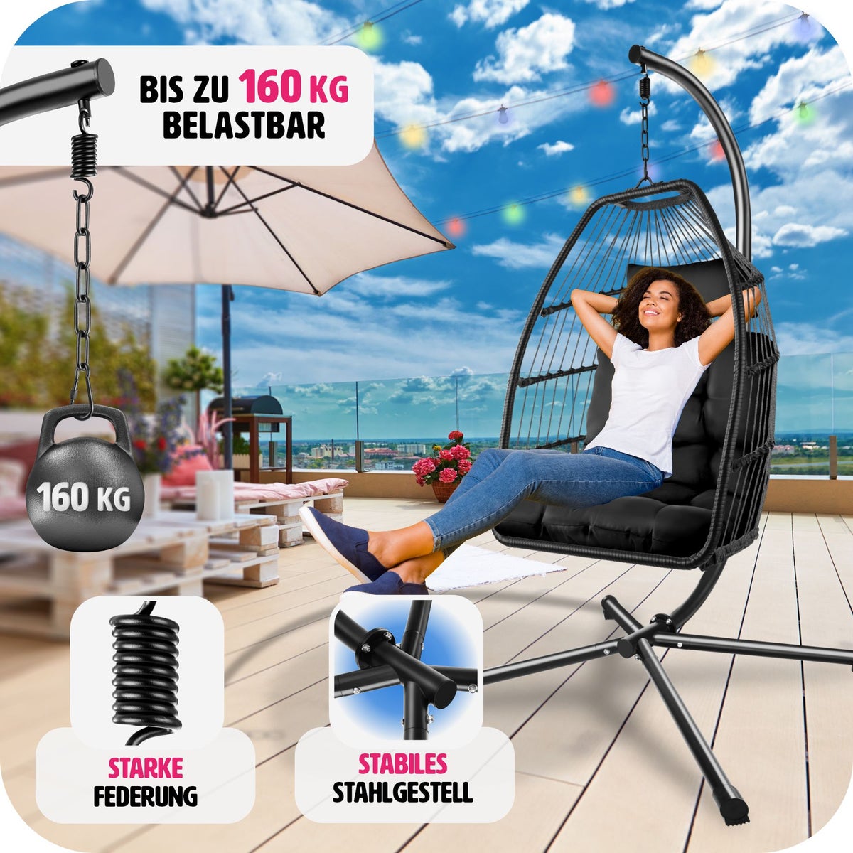 tectake Ariane hangstoel met extra dikke zitting en hoofdkussen inclusief beschermhoes, 98 x 107 x 202 cm