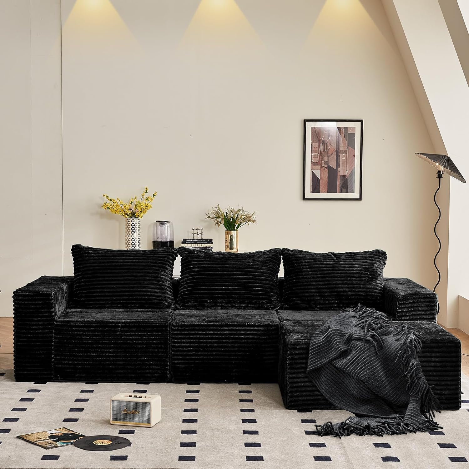 Vamcheer Ecksofa mit Schlaffunktion - Big Sofa Couch 3 Sitzer in L-Form, Modulares Boneless Schlafsofa als Wohnlandschaft, 274 x 102 cm, Schwarz