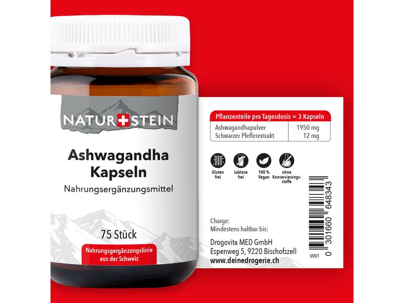 Naturstein Ashwagandha 75 Kapseln Nahrungsergänzungsmittel mit Ashwagandha und schwarzem Pfeffer