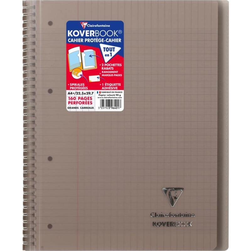 Cahier reliure intégrale enveloppante Koverbook A4+ 160 pages grands carreaux détachables perforé 4 trous couverture polypropylène t ransparent - Assortis