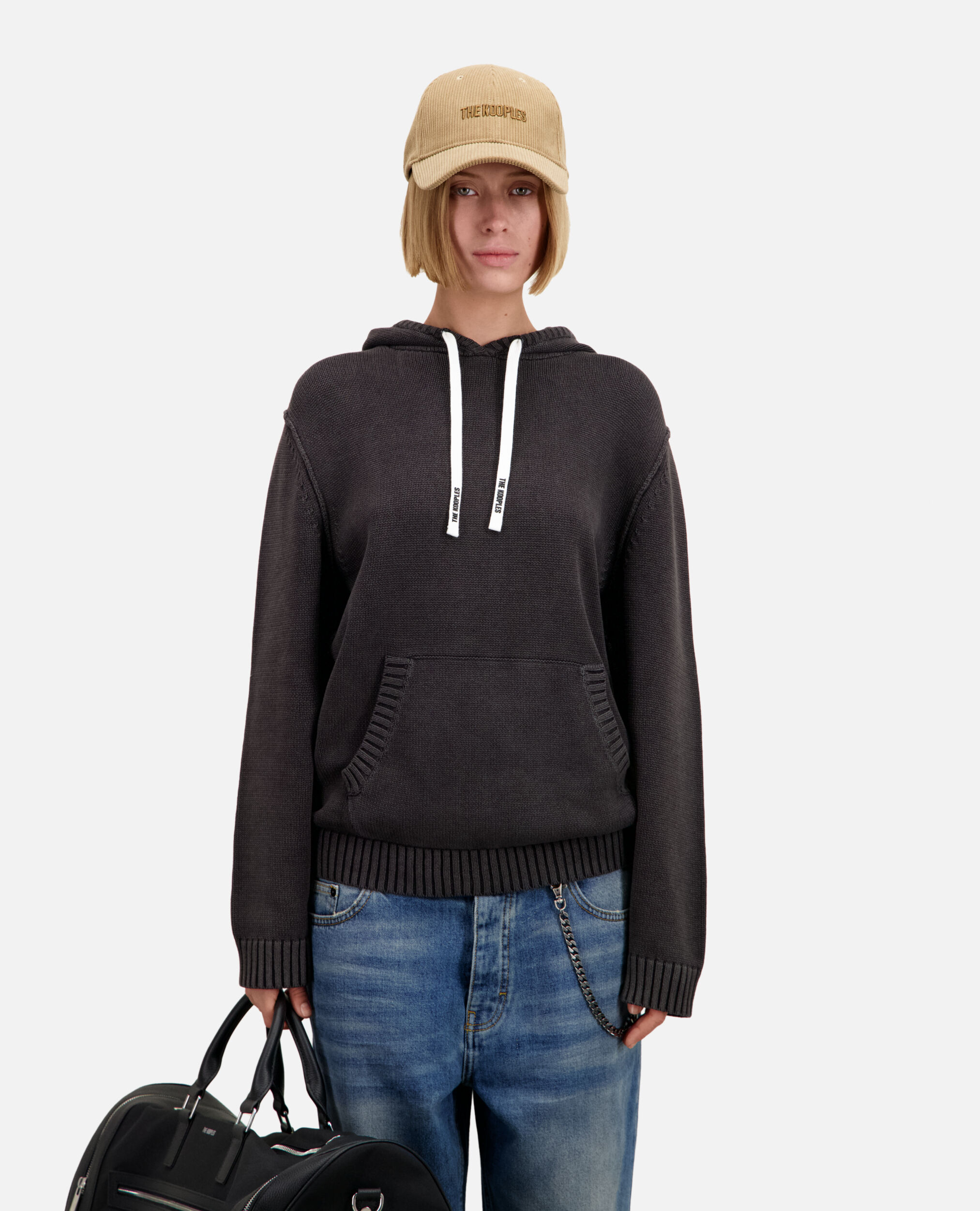 Black cotton and wool hooded sweater