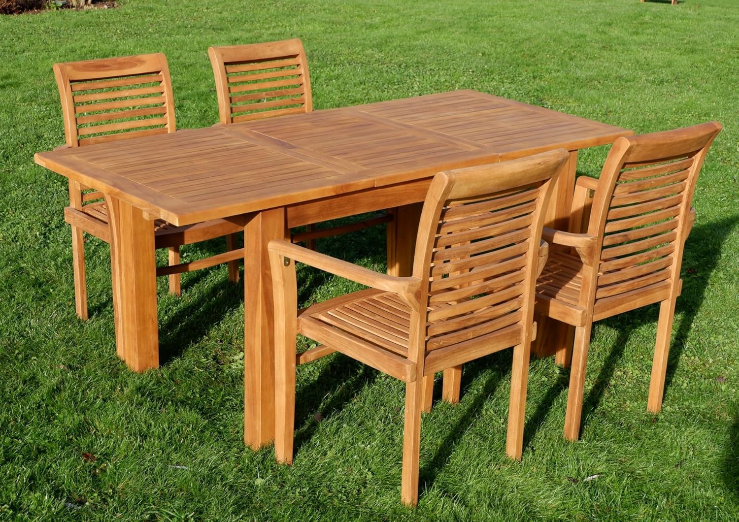 ASS Teak Set: Gartengarnitur Bigfuss Ausziehtisch 130-180 x 80cm mit 4 Alpen Sessel Holz Serie JAV