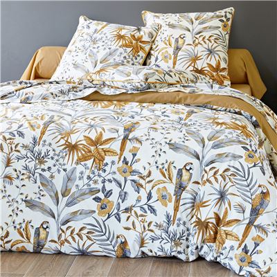 Linge de lit flanelle fleurs et perroquets - BECQUET CRÉATION