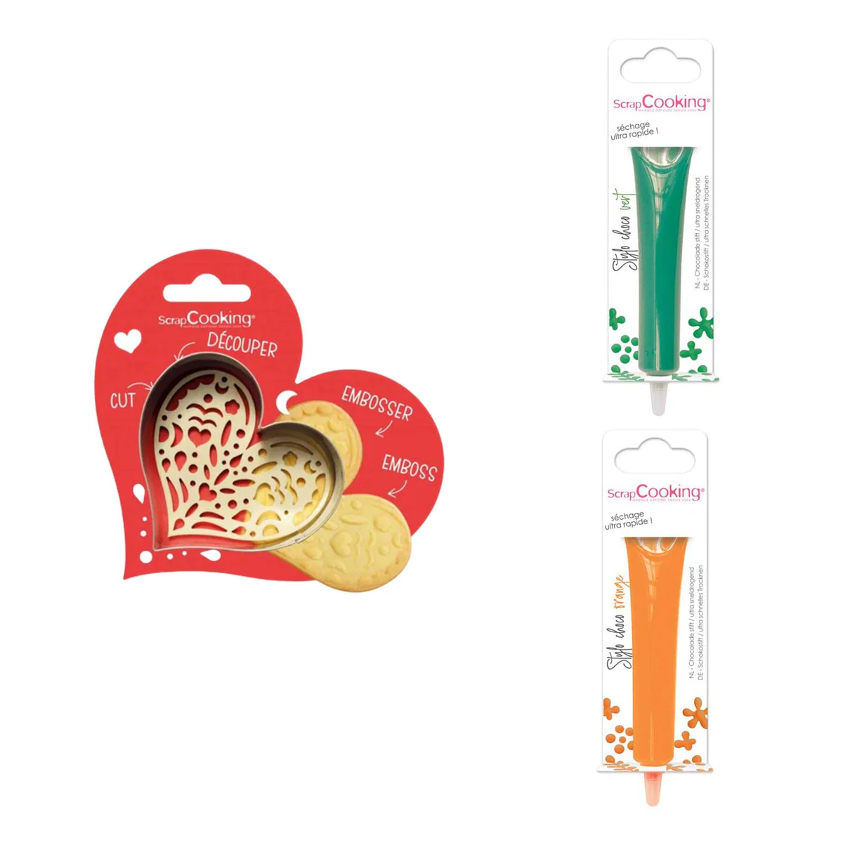 Kit pour biscuit en relief Coeur + 2 Stylos au chocolat vert et orange