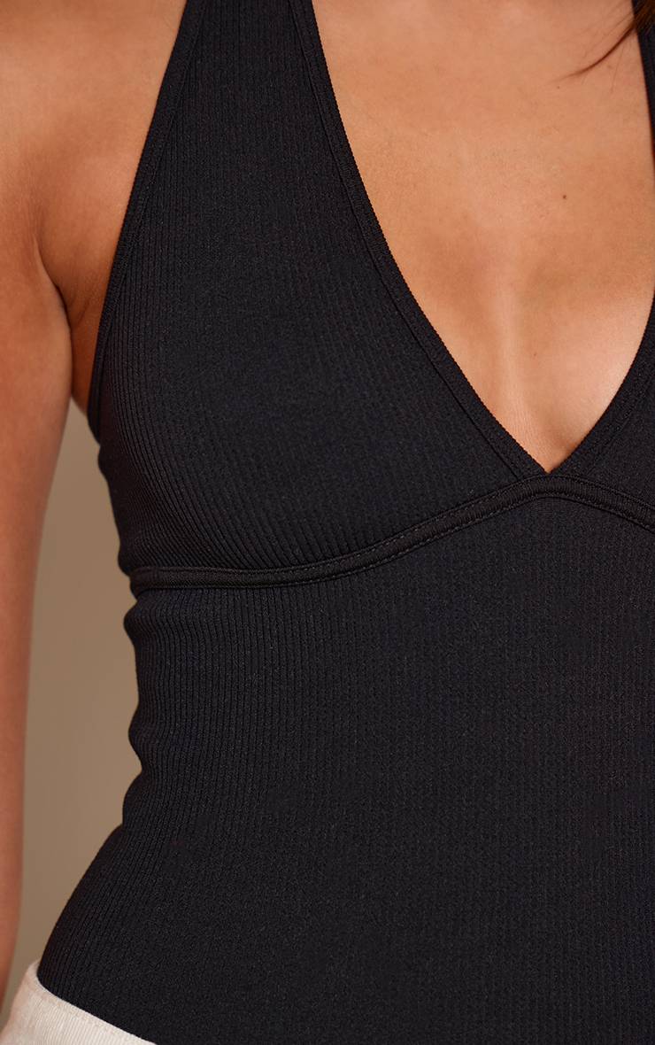 Noir Body Côtelé Contour Dos Nu À Encolure Américaine