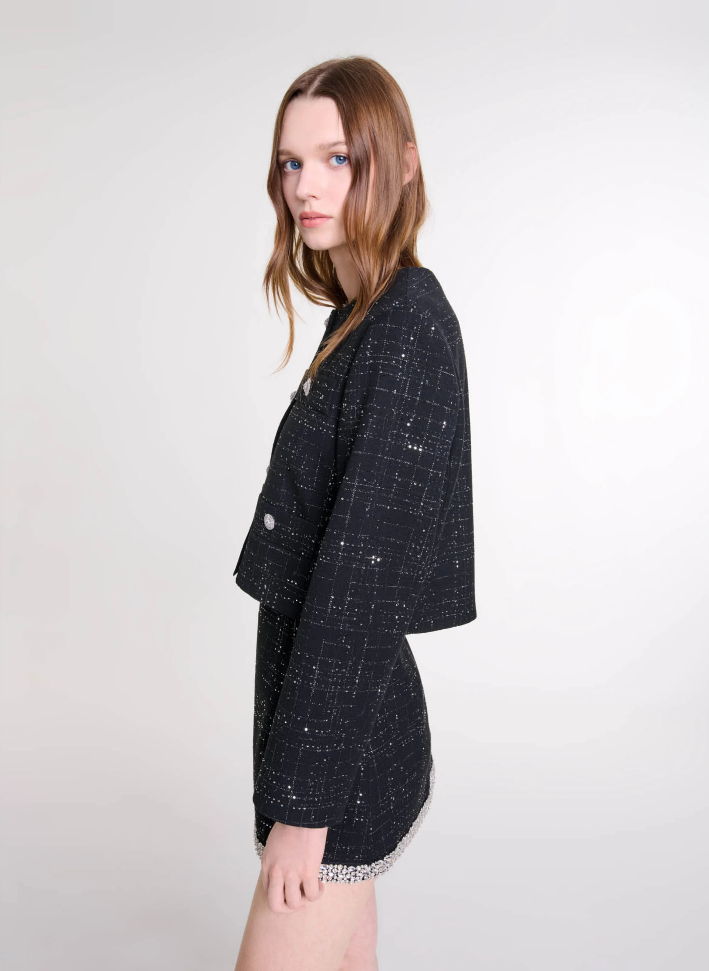 Veste courte brodée à strass | Noir