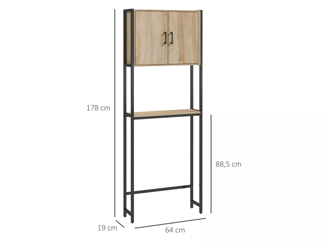 Meuble WC meuble dessus toilettes style industriel 2 portes 2 étagères acier noir aspect chêne clair