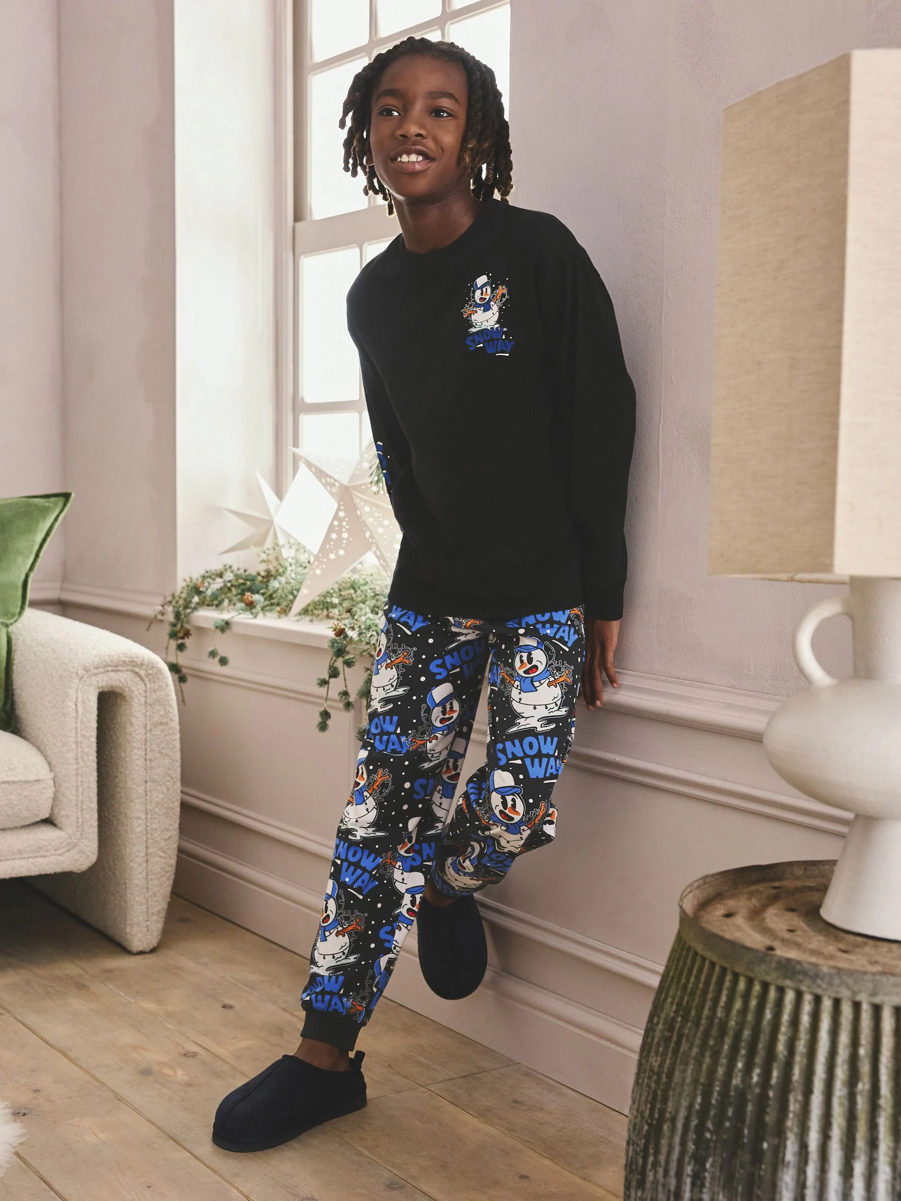 Blauw/zwarte sneeuwpop - Enkele kerstpyjama (5-16jr)