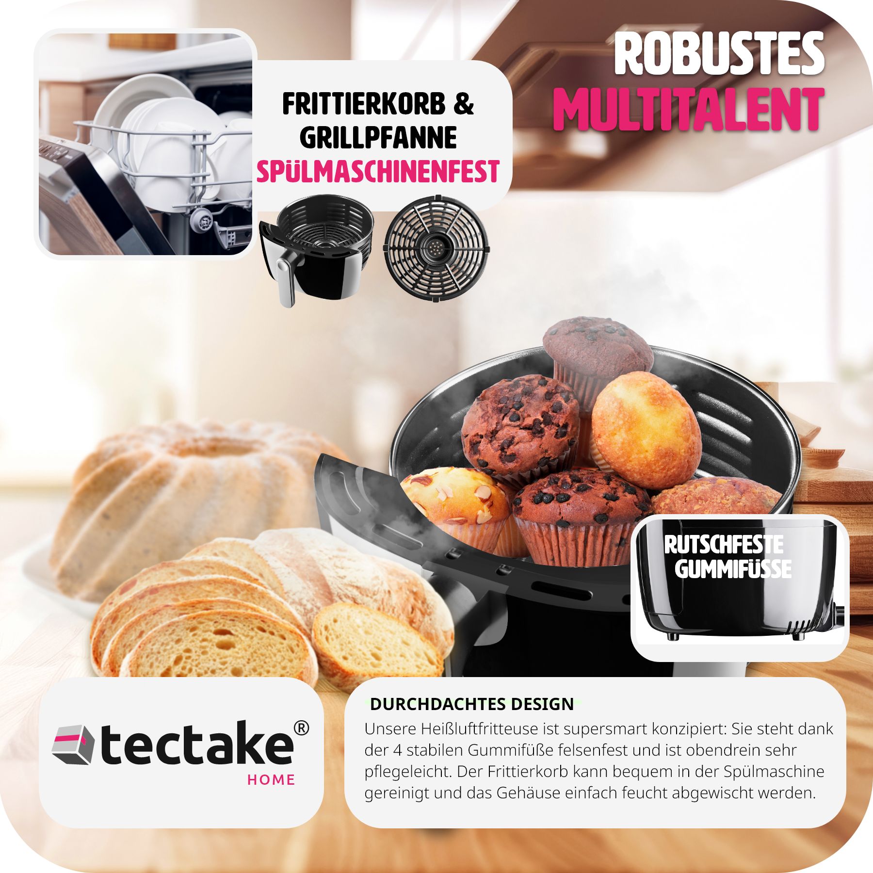tectake® Heißluftfritteuse, 4,3 l, Timer und Temperatursteuerung, SGS-Zertifikat, inklusive Rezeptheft