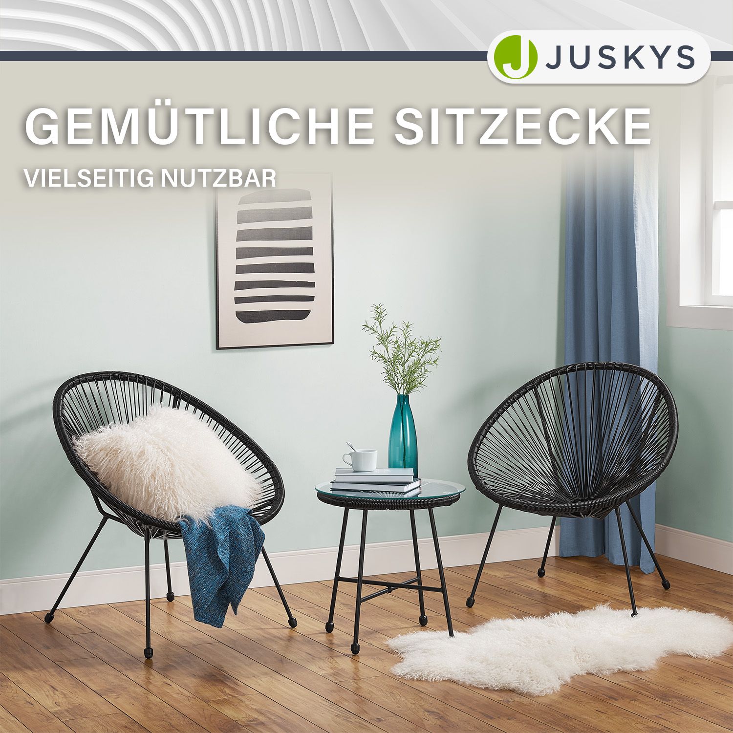 Juskys Balkonmöbel Set Ostana 3-teilig mit Tisch & 2 Sesseln - stilvolles Gartenmöbel Schwarz