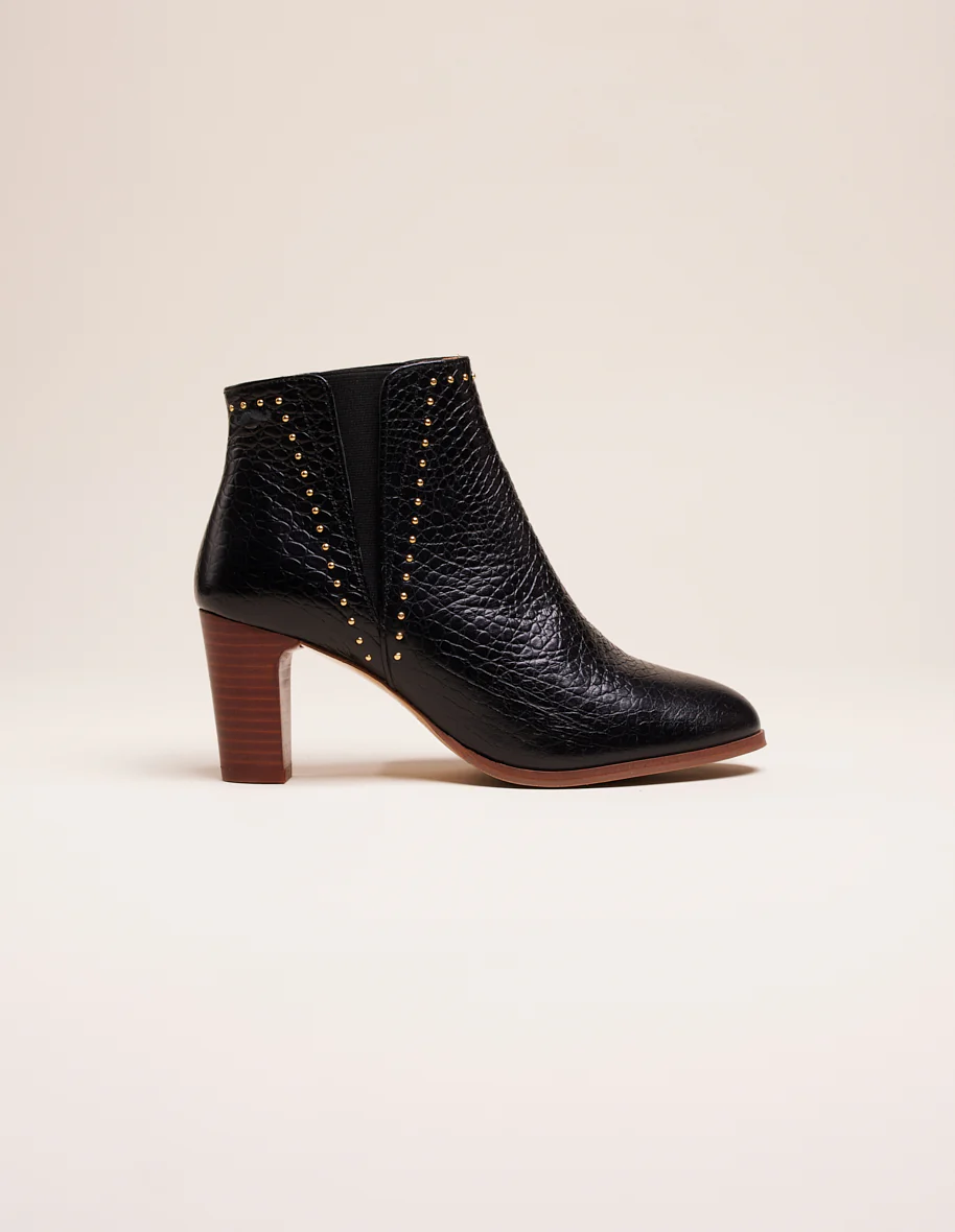 Bottines à talons Jeanne H - Cuir noir croco et clous