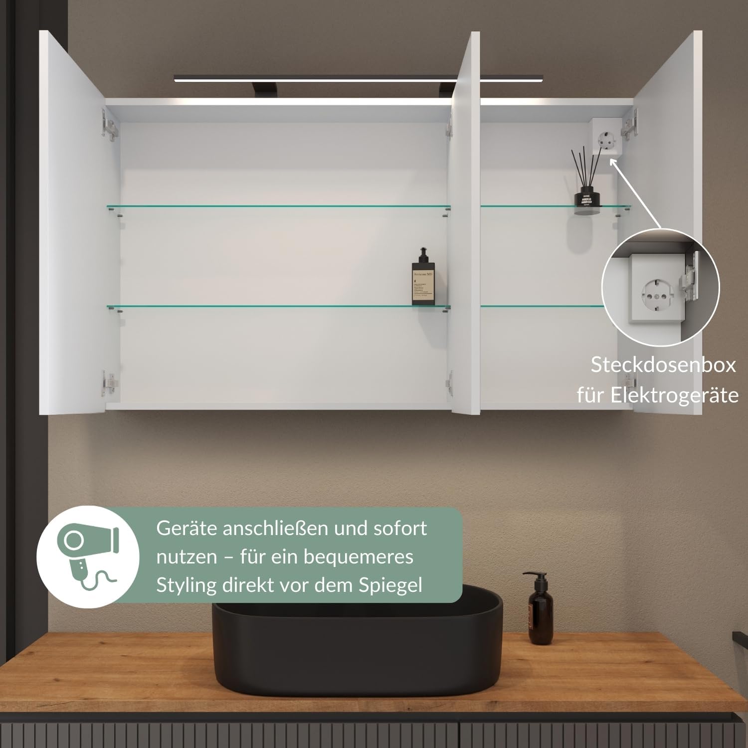 Planetmöbel ARIA Spiegelschrank Bad mit Beleuchtung 120 cm breit | Badschrank hängend mit Spiegel | Weiß Grau, mit Leuchte und Steckdose, Spiegelschrank Gäste WC 120 x 70 x 16 cm