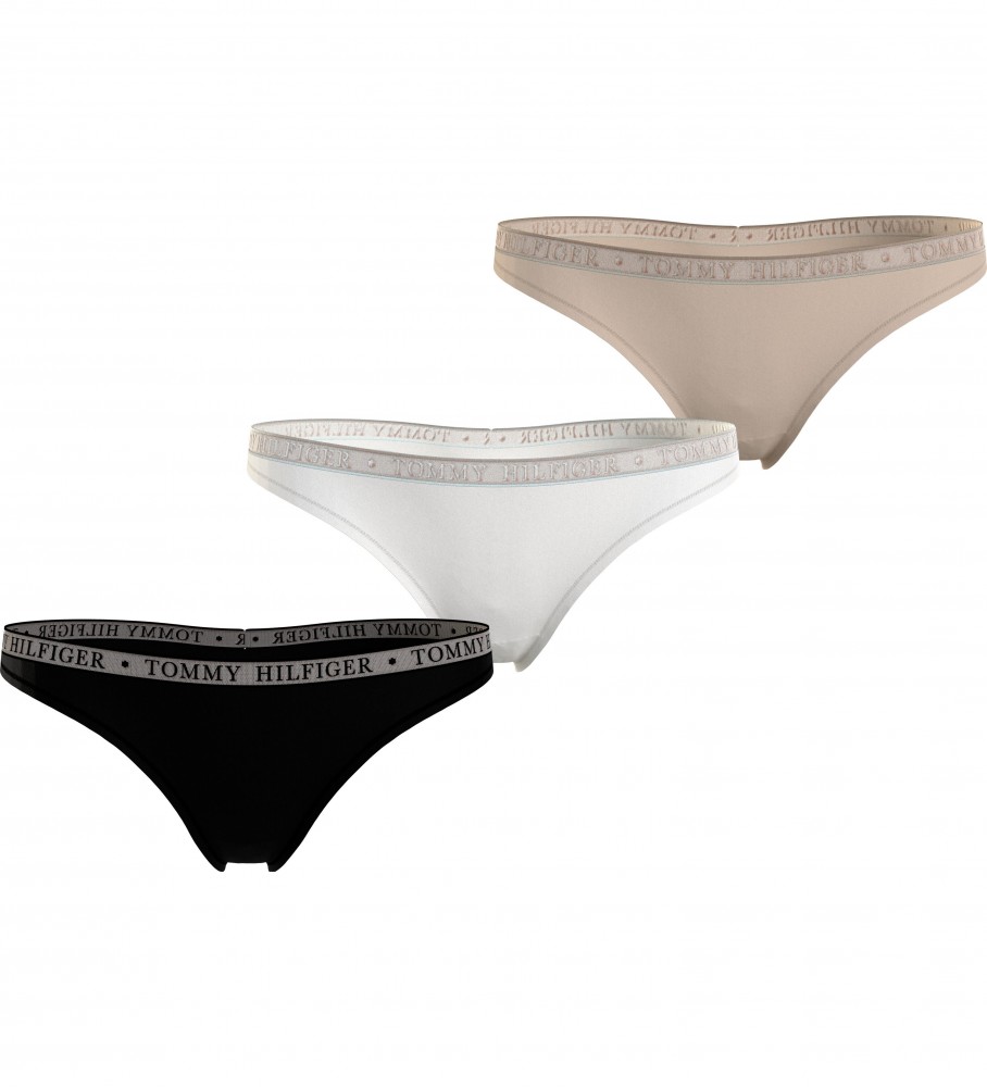 Conjunto de 3 calcinhas fio dental extras da Tommy Hilfiger: bege, branca e preta.