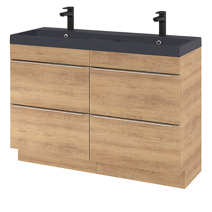 Ensemble salle de bains l.120 cm meuble à poser Imandra décor chêne clair + plan vasque résine noir
