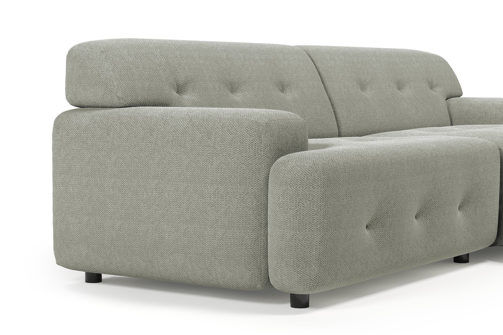 Bob sofa 1,5-seter med sjeselong høyre. Tekstil Mito 180 Light Grey med sorte ben.