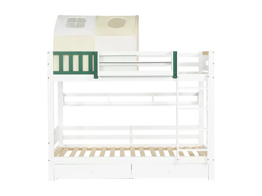 Lit superposé pour enfants, avec petite tente, rails, tiroirs, blanc + chartreuse, 90x200cm