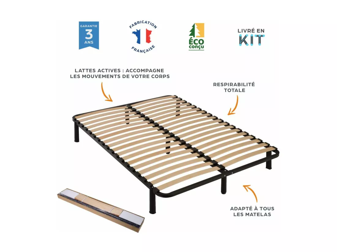 Sommier à lattes démontable + pieds 160x200 - 36 lattes bois - Fabrication française