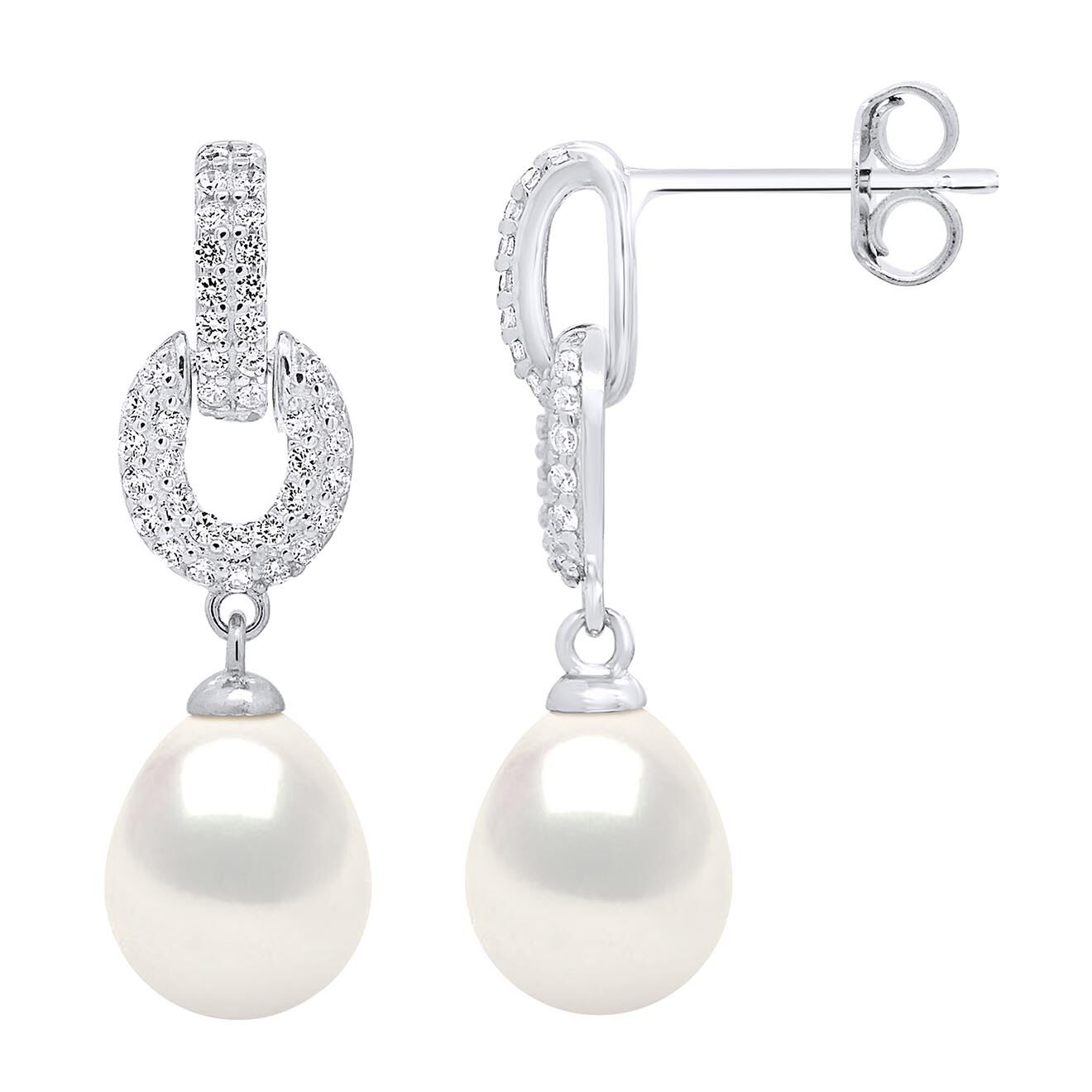Mitzuko Boucles d'Oreilles Pendantes Argent Rhodié, Zircone & Perles d'Eau Douce poires blanc naturel