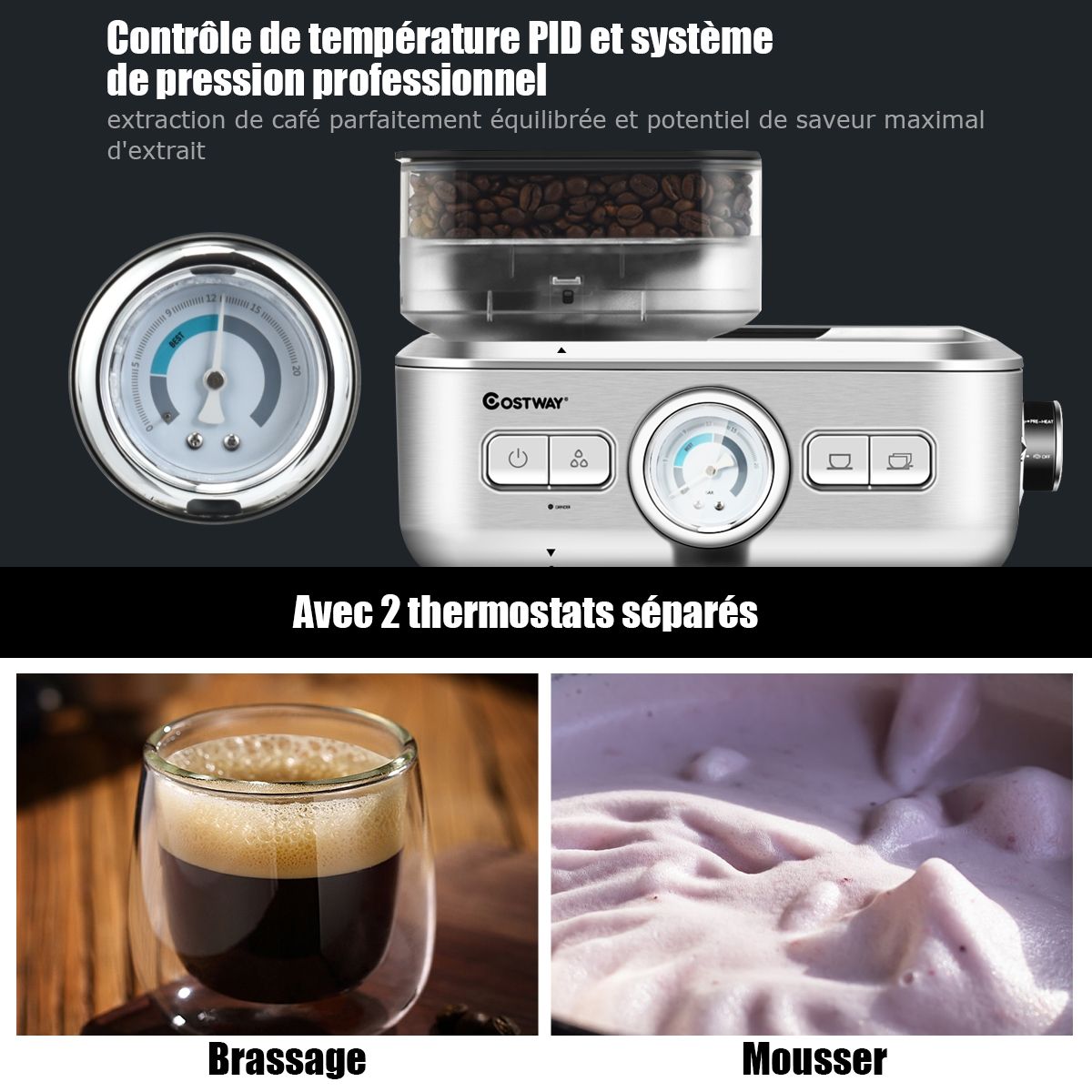 Machine à Café Automatique avec Broyeur à Grains 1350W 30 Niveaux de Poudre de Café Réglables Température Réglable - Lidl-Manfred