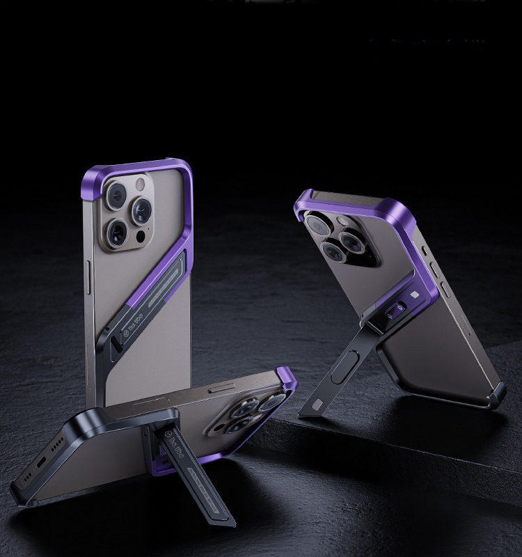 iPhone 16 Pro Alu Slim Case Hülle mit Rahmenlosen Bumper   Kickstand Aufsteller - Grau