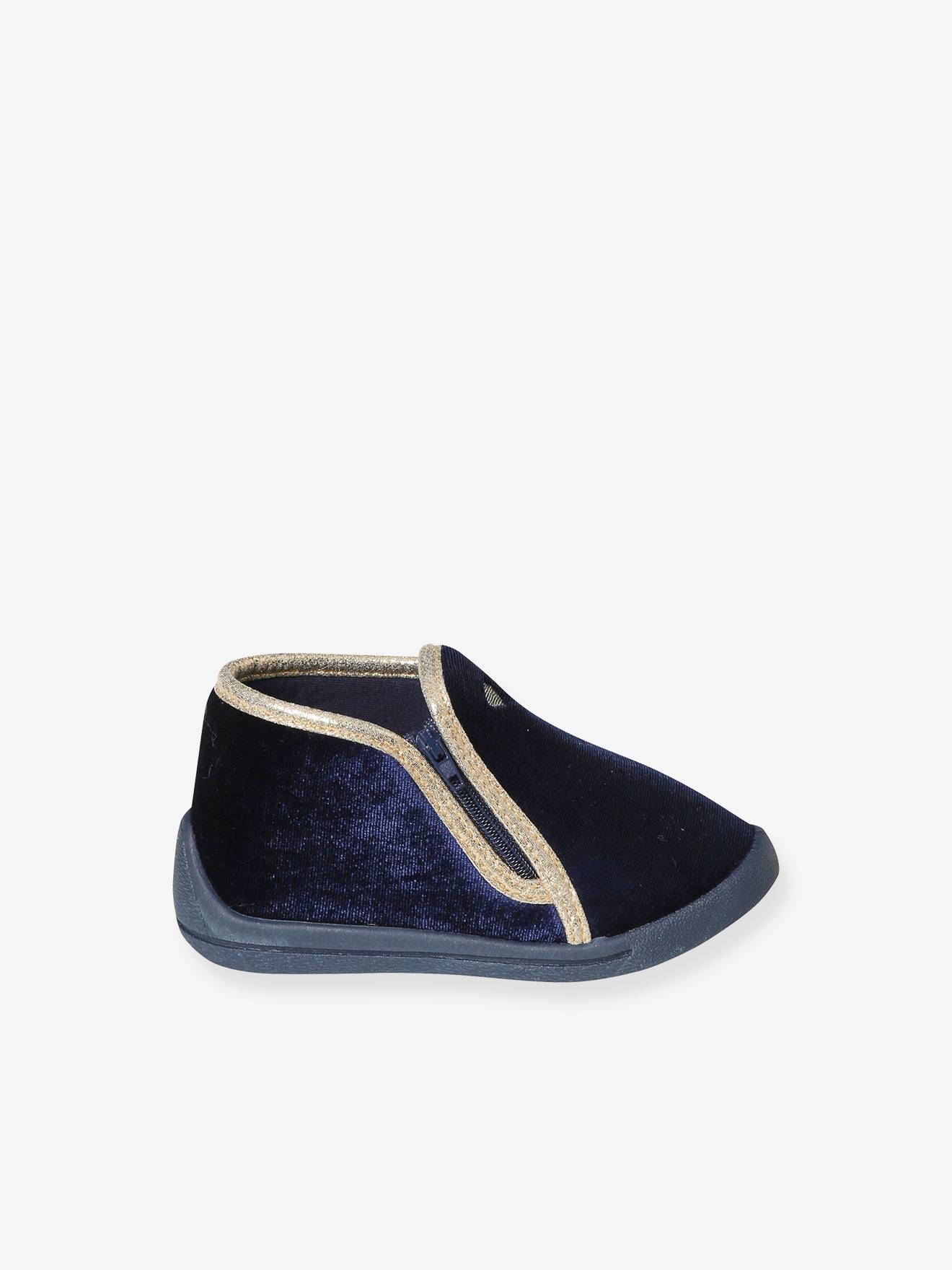 Pantufas de veludo azul para bebê com zíper