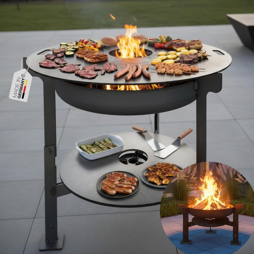 Terma Feuerschale mit Feuerplatte 80cm -Der Neue Grill Trend- Plancha Grillplatte feuertonne mit grillplatte holzkohlegrill komplett grilltonne grillring feuerkorb