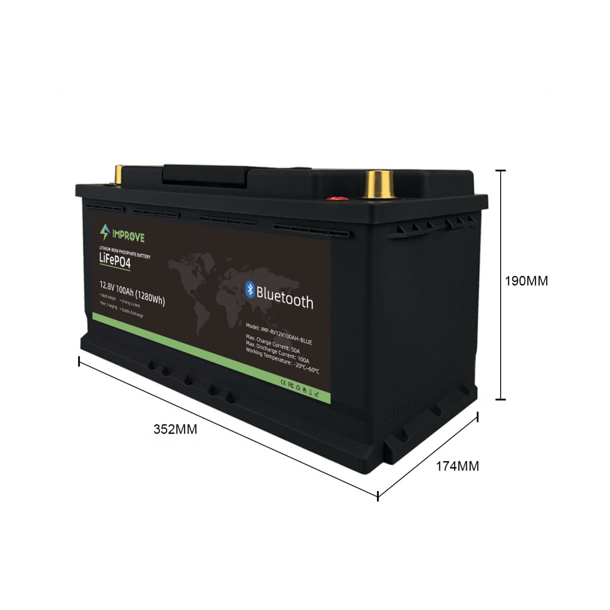 IMPROVE Lithium Batteri 12V 100Ah (LiFePO4) BMS 100A - BLUETOOTH - BOBIL