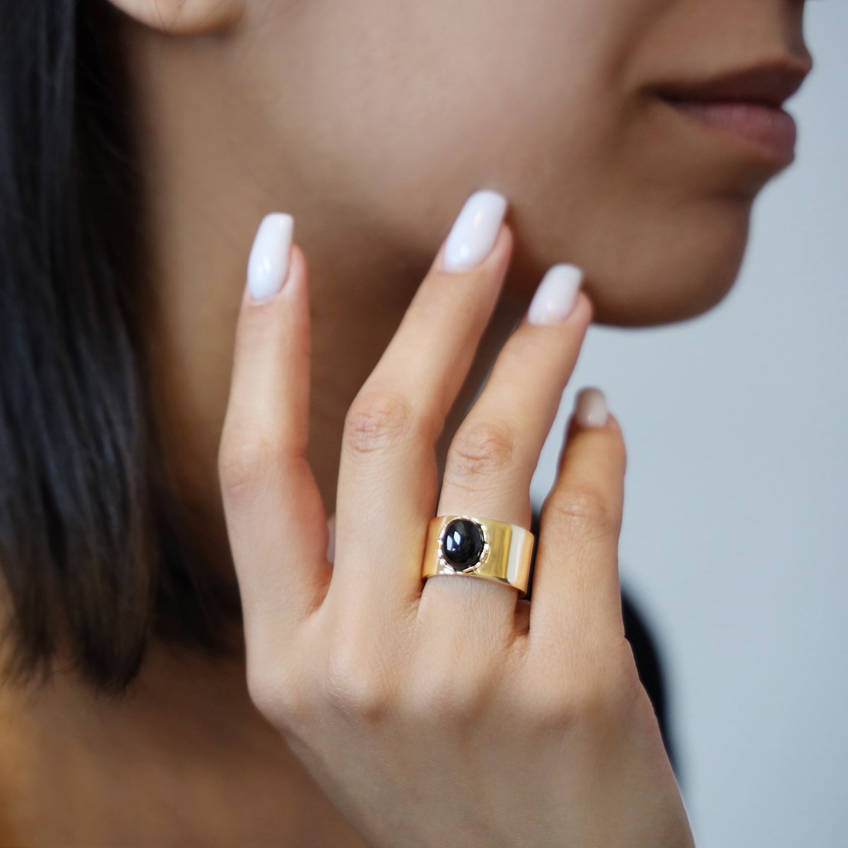 Bague Chaine Argent Doré Céline Pierre Onyx