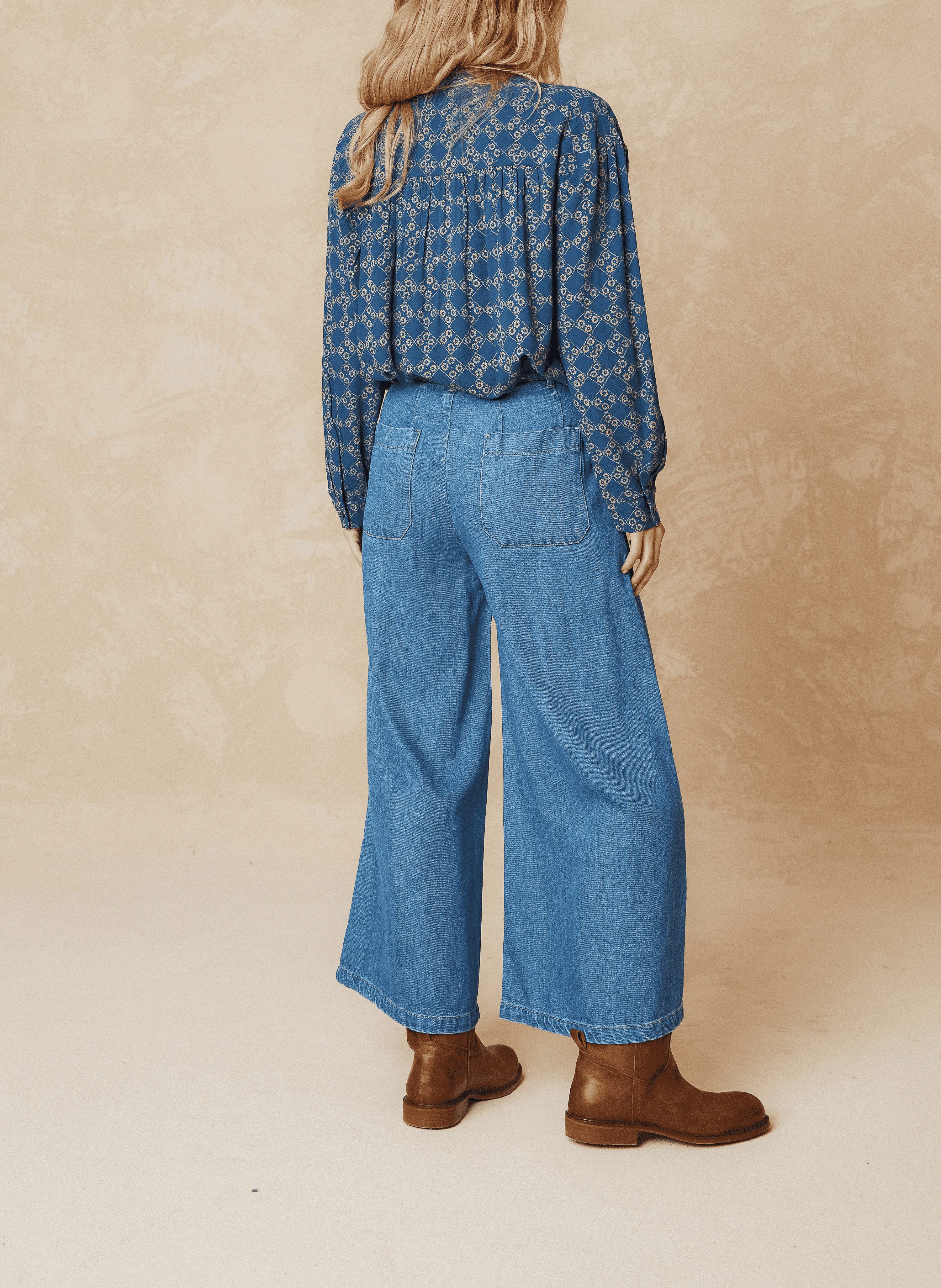 Blouse droite col classique imprimée | Bleu