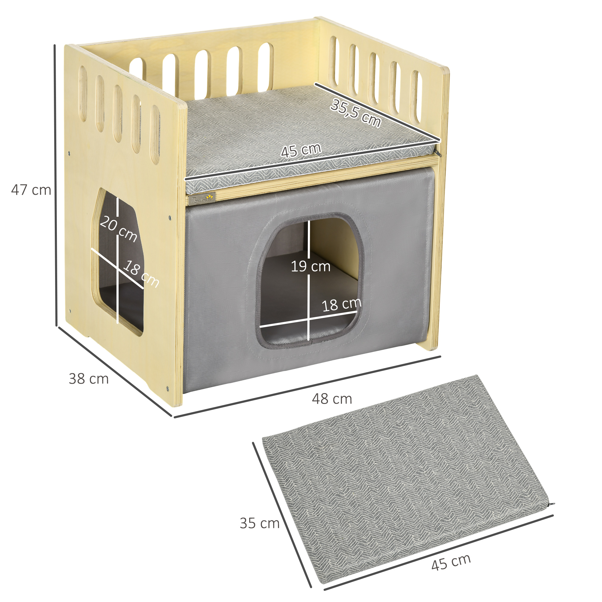 Cama de madeira para gatos PawHut, toca para gatos, casinha para gatos de interior com 2 almofadas e capa removível em tecido Oxford, 48x38x47 cm, cor natural.