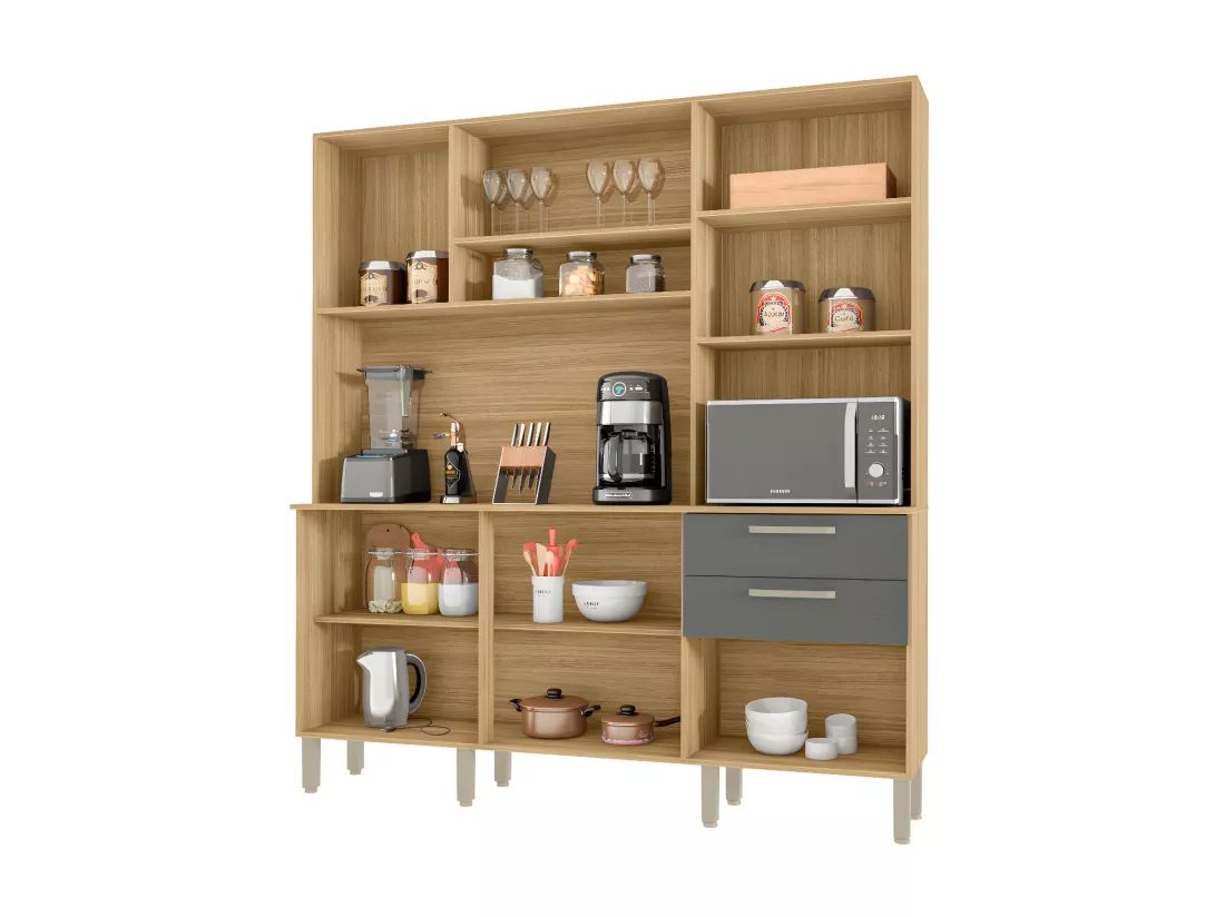 Buffet de Cuisine 6 Portes 2 Tiroirs Chêne et Gris L 180.2 H 198 P 38.8 cm