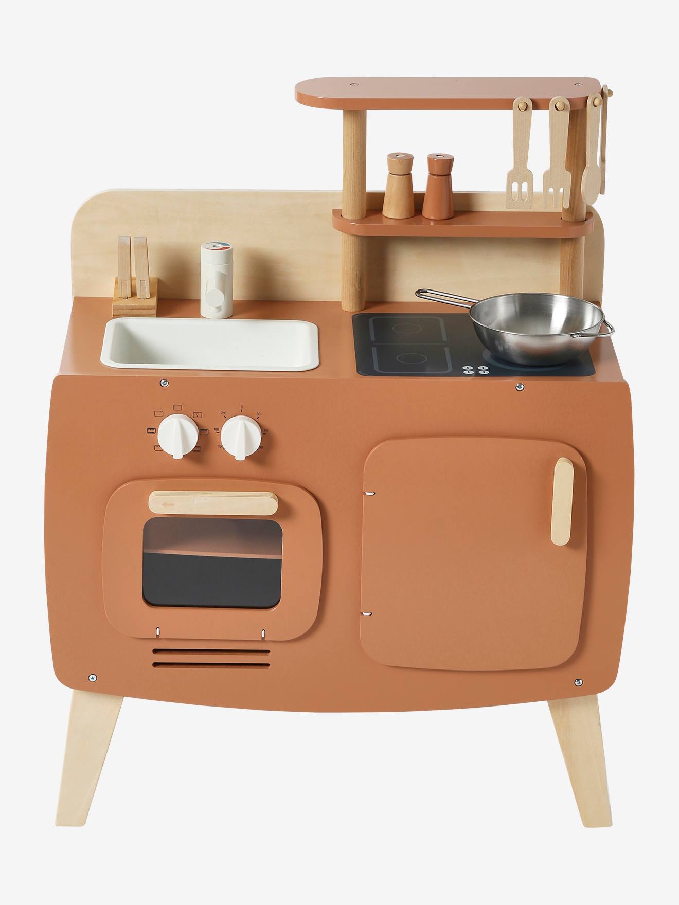 Cozinha de brinquedo de design, feita de madeira cor caramelo com certificação FSC®.