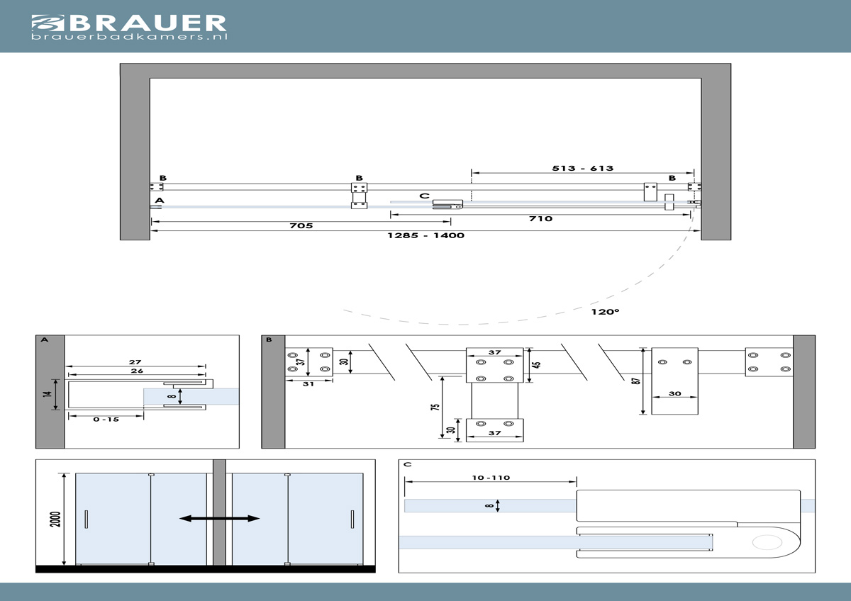 Brauer Stellar nisdeur met vaste wand 128.5-140cm RVS geborsteld PVD